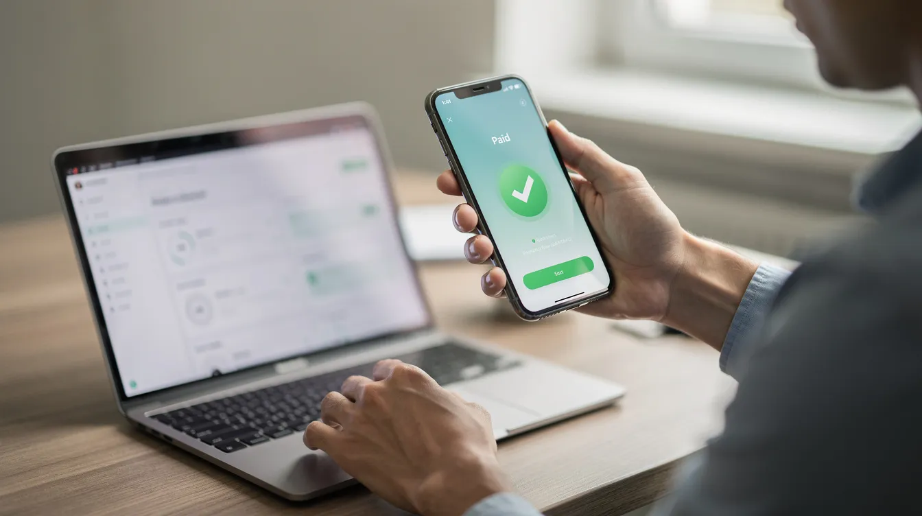 A person is seated at a desk, using a smartphone to make a digital payment while a laptop is open in front of them. This scene illustrates the convenience of mobile wallets for transferring money, such as through a Skrill account, enabling quick and easy transactions.