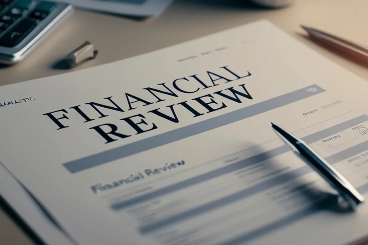 A document titled "FINANCIAL REVIEW" lies on a desk with a pen and a calculator nearby.