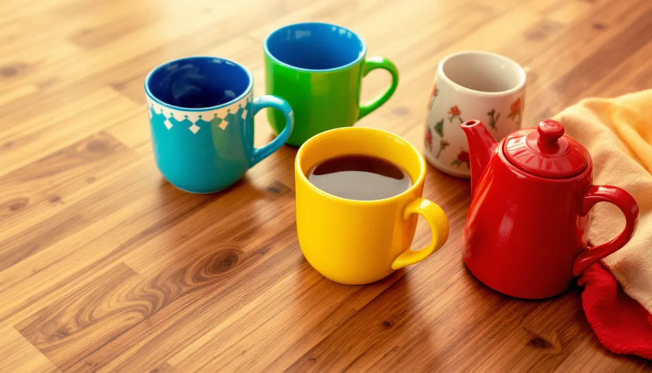 Na drewnianym stole znajduje się zestaw różnokolorowych kubków ceramicznych, wypełnionych ulubioną kawą i herbatą. Te eleganckie naczynia w różnych kształtach i rozmiarach idealnie nadają się do porannej kawy lub relaksującej herbaty, dodając radości każdemu porankowi.