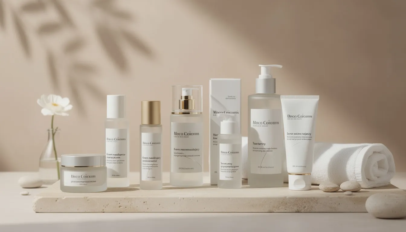 Na eleganckim tle znajdują się profesjonalne produkty do pielęgnacji skóry, które mogą wspierać takie zabiegi jak laserowe usuwanie rozstępów. Obok widoczne są informacje o metodach redukcji widoczności rozstępów oraz o regeneracji skóry.