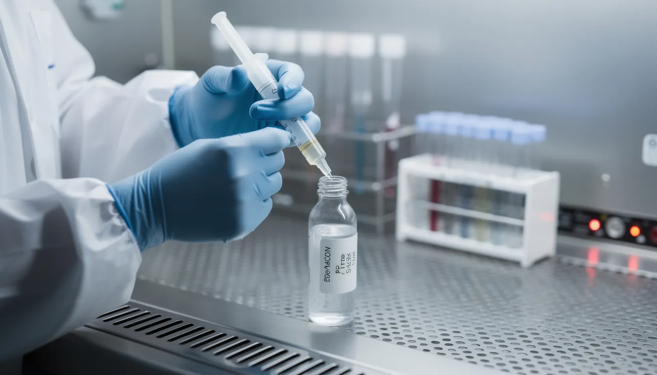 A laboratory technician is carefully filtering a peptide solution through a syringe filter inside a biosafety cabinet, ensuring the purity and quality of the peptide sample for analysis. The technician is focused on maintaining a sterile environment, which is crucial for the accurate assessment of amino acid composition and peptide synthesis.