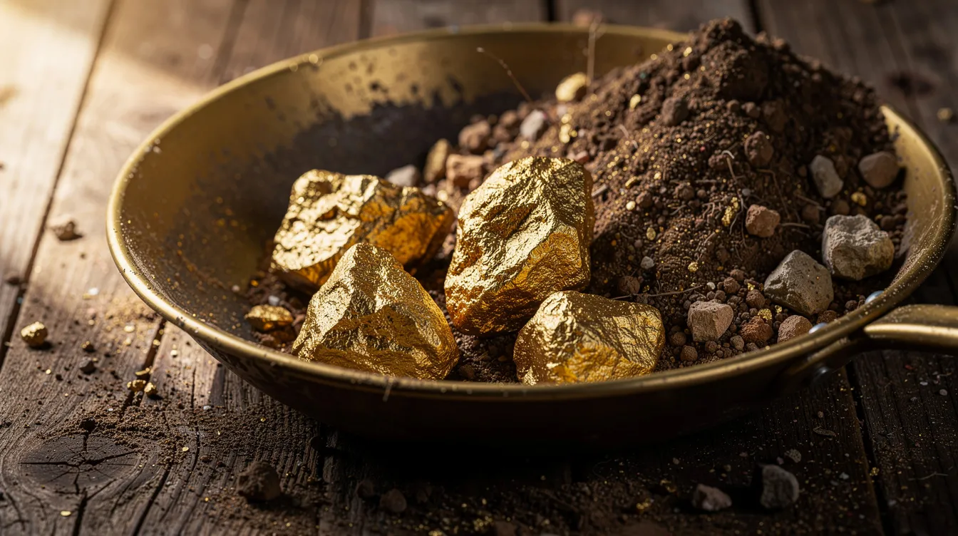 Auf einem Holztisch liegen glänzende Goldnuggets in einer Waschpfanne, umgeben von grobem Erdmaterial, was an die Abenteuer der Goldsucher im Goldrausch in Alaska erinnert. Diese Szenerie könnte aus einer Episode der Discovery Channel-Serie über Goldgräber stammen, die die faszinierenden Geschichten von Menschen wie Parker Schnabel erzählt.
