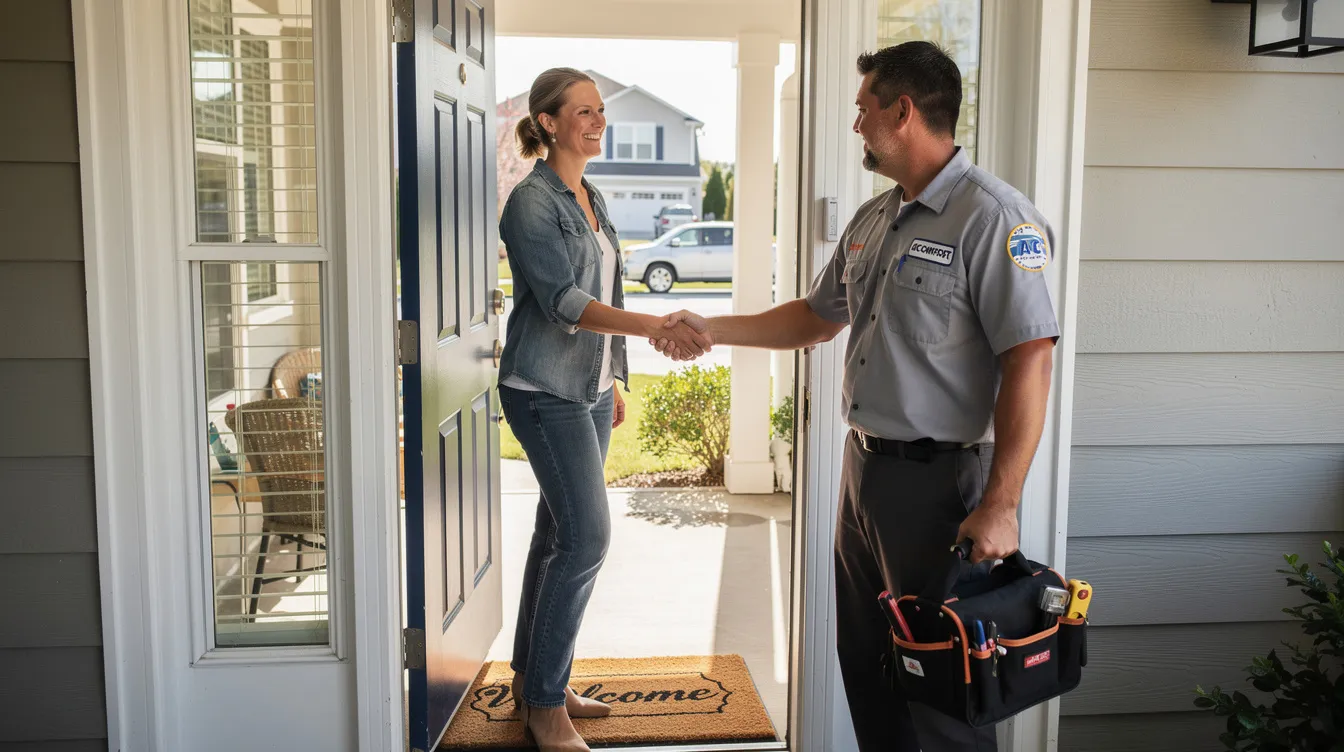 A homeowner is shaking hands with an HVAC contractor at the front door, discussing the installation of a new HVAC system. This meeting likely involves details about the cost to install a central air conditioning system and the efficiency of the air conditioning unit for the home.