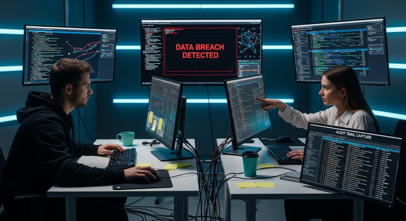 Simulated data breach scenario inside a controlled cyber range with real-time monitoring and audit trail capture.