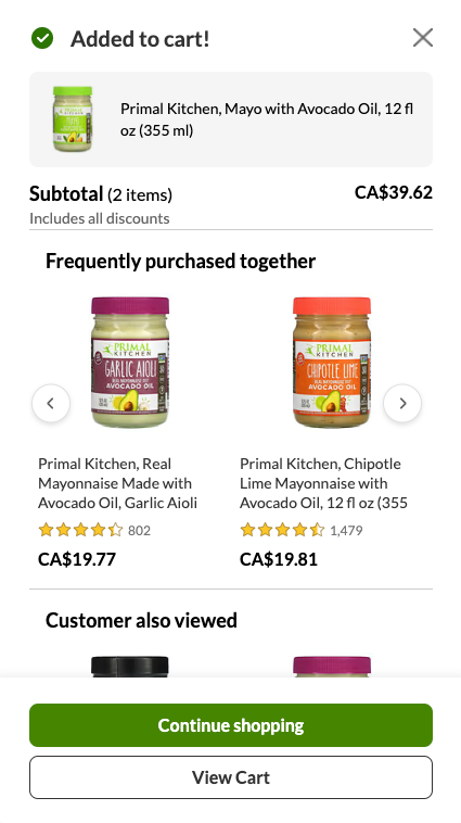 A screenshot of the Primal Kitchen shopping cart side panel.