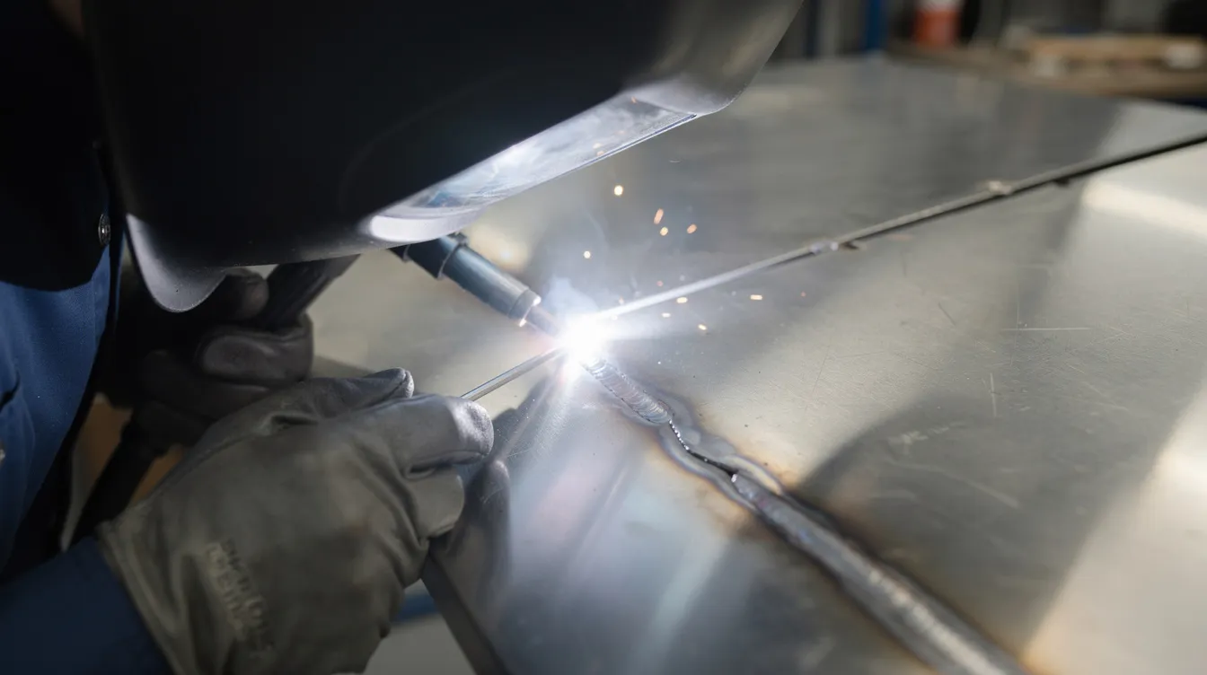 A close-up image shows a welder using TIG welding to join thin stainless steel sheet metal, with a bright arc illuminating the weld pool. The welder is focused on the precise sheet metal welding process, utilizing a non-consumable tungsten electrode for high-quality welds.