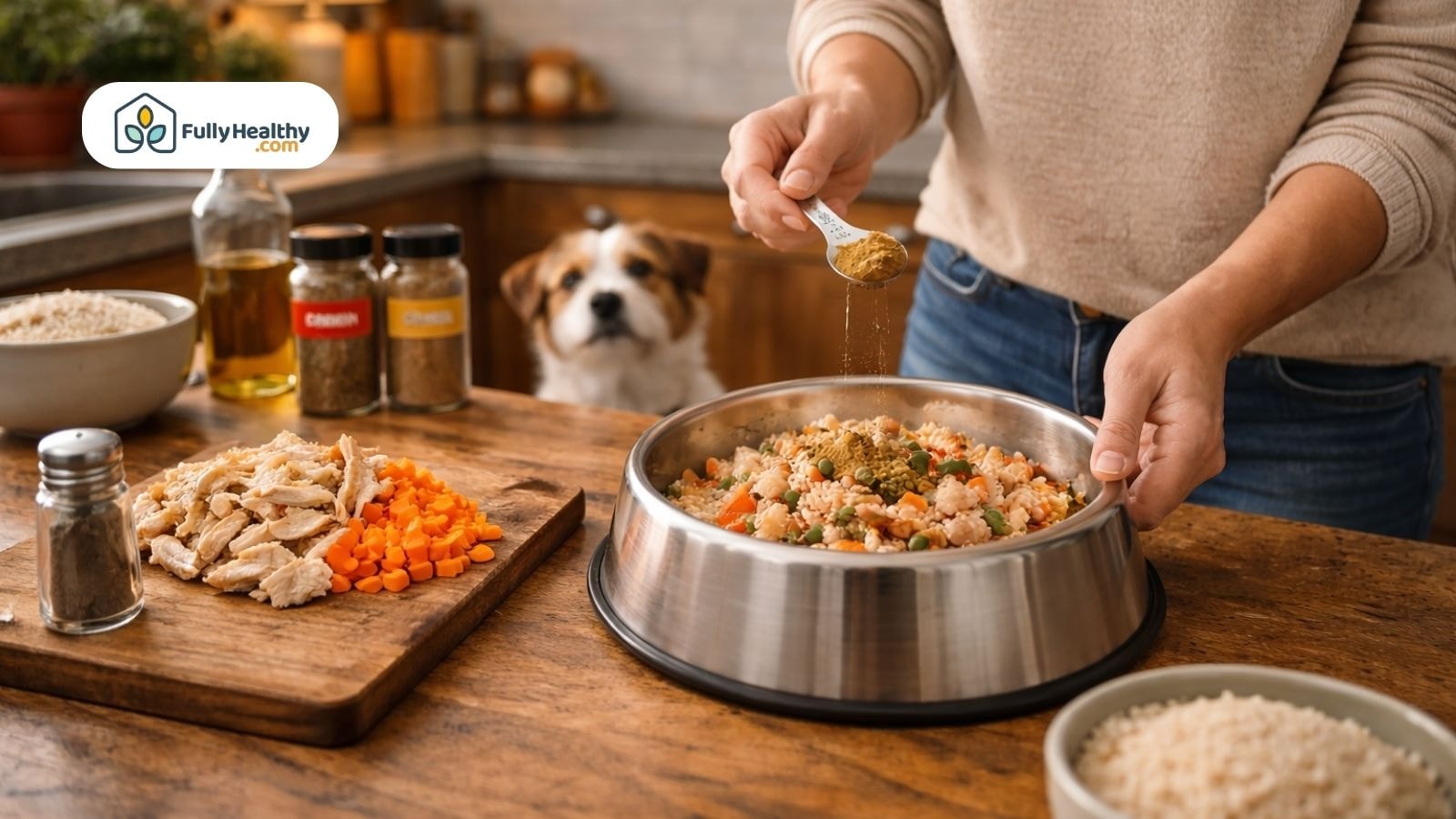 Person adds seasoning to homemade dog meal with carrots and chicken