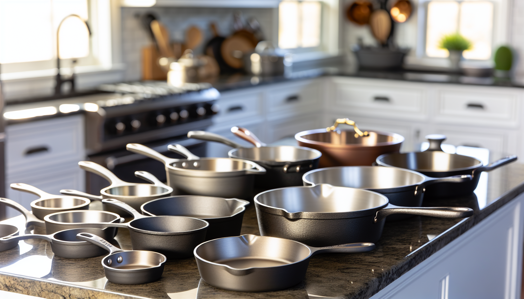 Various types of deep skillets on a kitchen counter