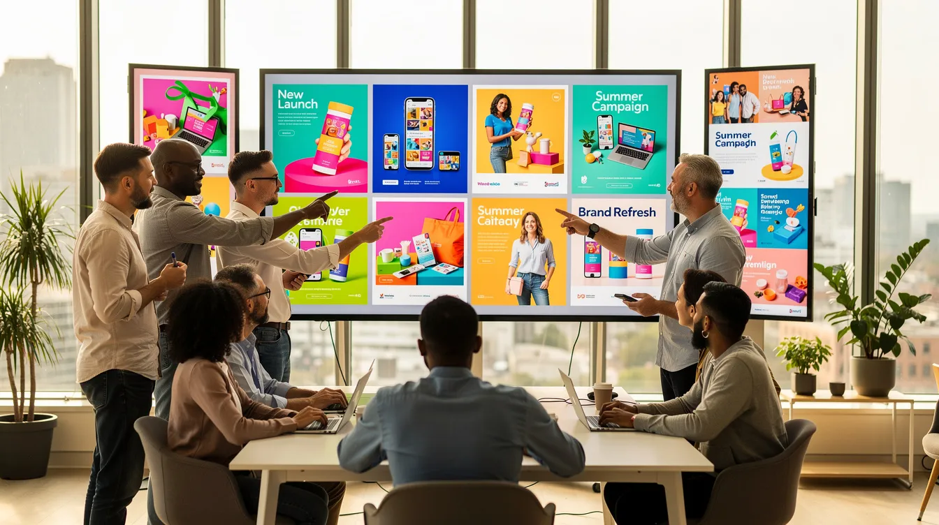 The image depicts a diverse creative team in a modern office, engaged in strategic thinking as they review ad mockups displayed on large screens. This collaborative environment highlights the blend of human creativity in marketing with the efficiency of AI tools, showcasing the importance of human insight and emotional intelligence in developing impactful marketing campaigns.