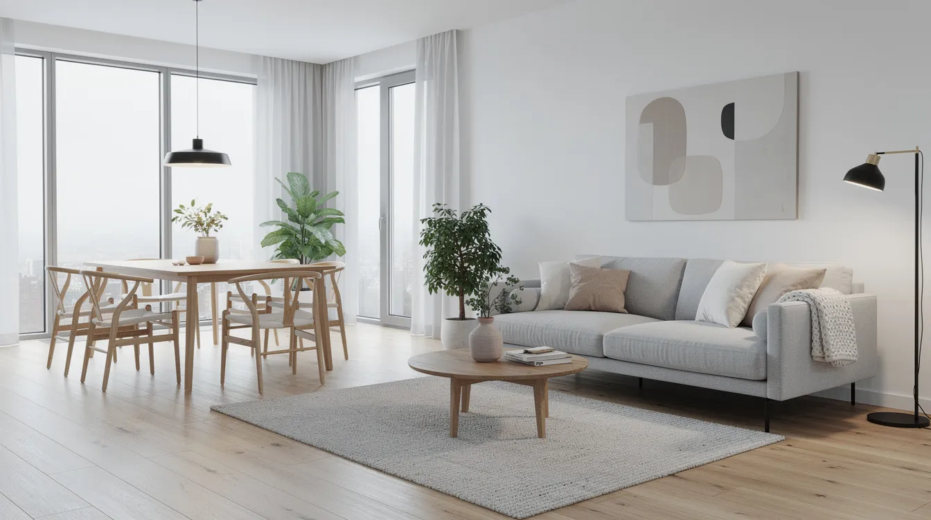 Ett modernt öppet vardagsrum med ett stilrent matbord i skandinavisk design, där bordet är runt och har plats för många stolar. Vardagsrummet har även en bekväm soffa och en matta som kompletterar inredningen, vilket skapar en trivsam matplats för gäster.