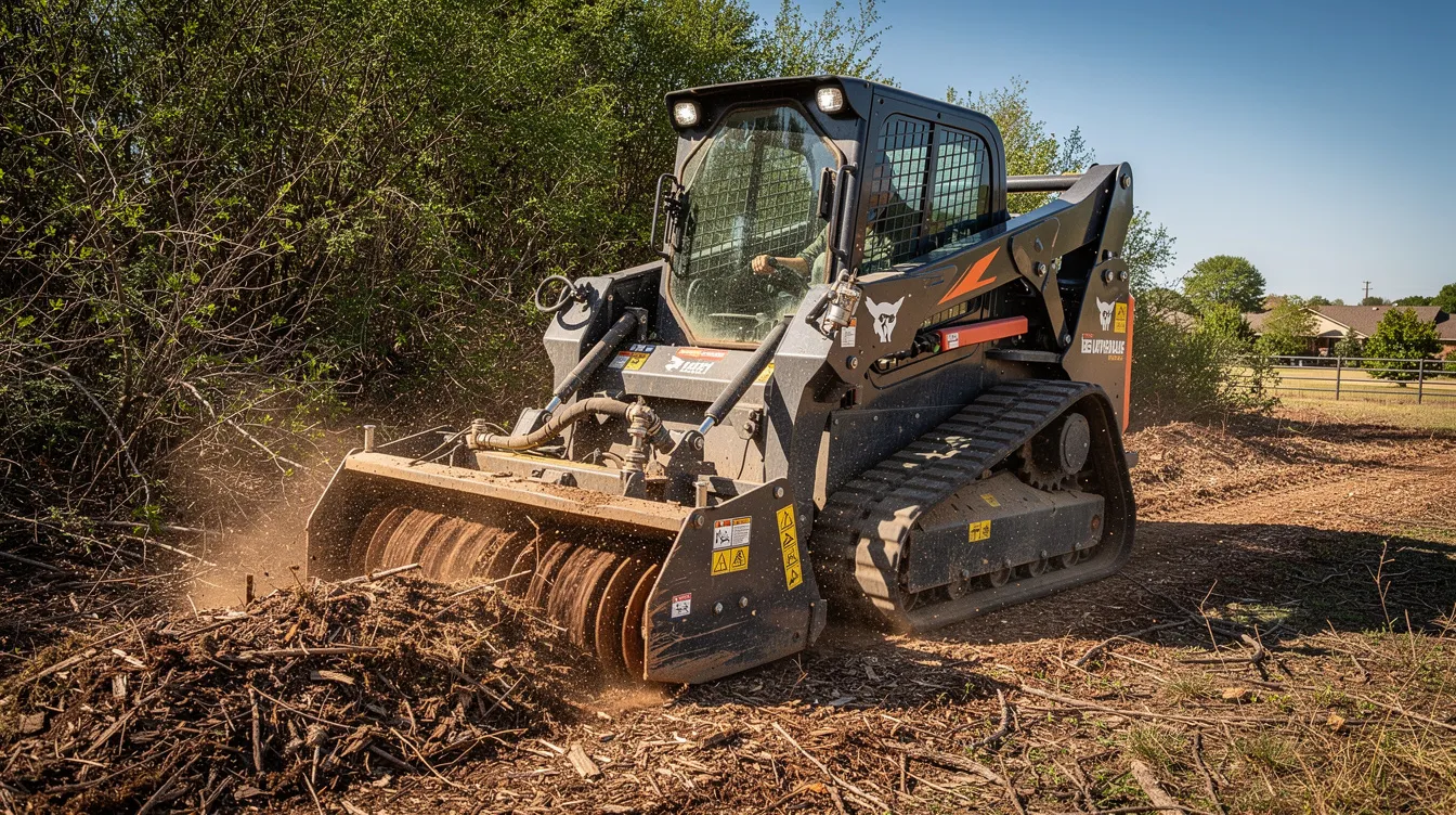 A heavy-duty track skid steer with a forestry mulcher attachment is actively clearing dense cedar brush and small trees on a residential acreage site in Yukon, Oklahoma. Dust and wood chips fill the air under the bright afternoon sun, showcasing the machinery's realistic detail as it undertakes this land clearing project.