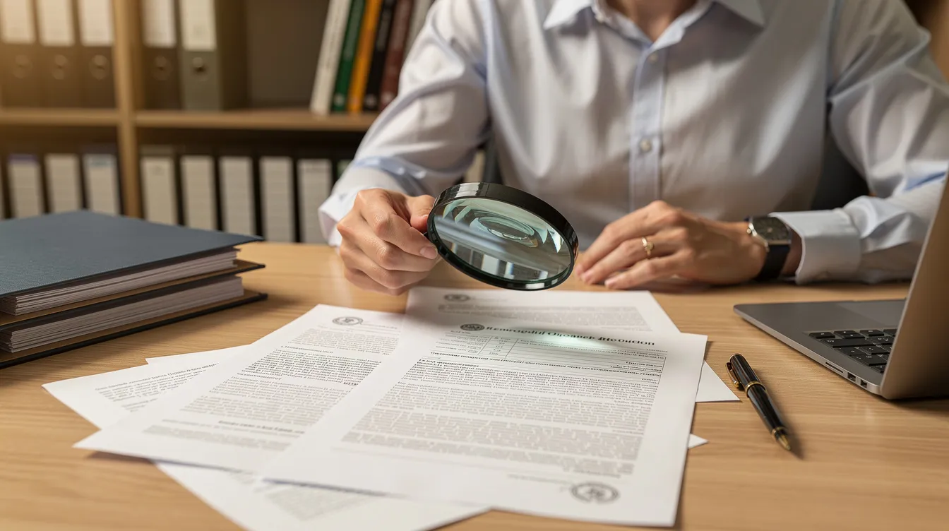 A person is seated at a desk, intently reviewing official documents with a magnifying glass, highlighting the importance of verifying credentials such as university diplomas and fake degrees. The workspace is organized, reflecting a professional atmosphere focused on ensuring the authenticity of educational qualifications.