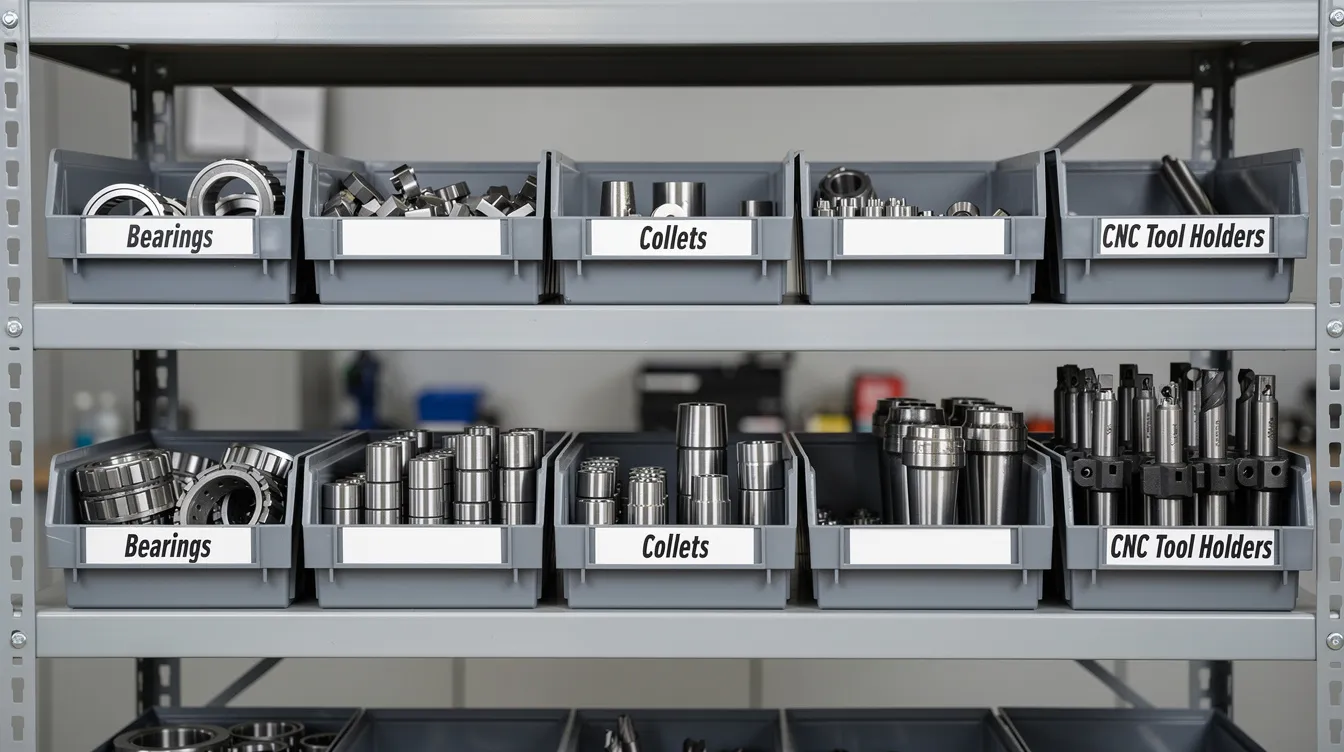 The image shows a well-organized industrial parts shelf featuring labeled bins filled with various CNC machine parts, including bearings, collets, and CNC tool holders. This setup enhances productivity and efficiency in a workshop by providing easy access to essential components for routine maintenance and repair of CNC machines.