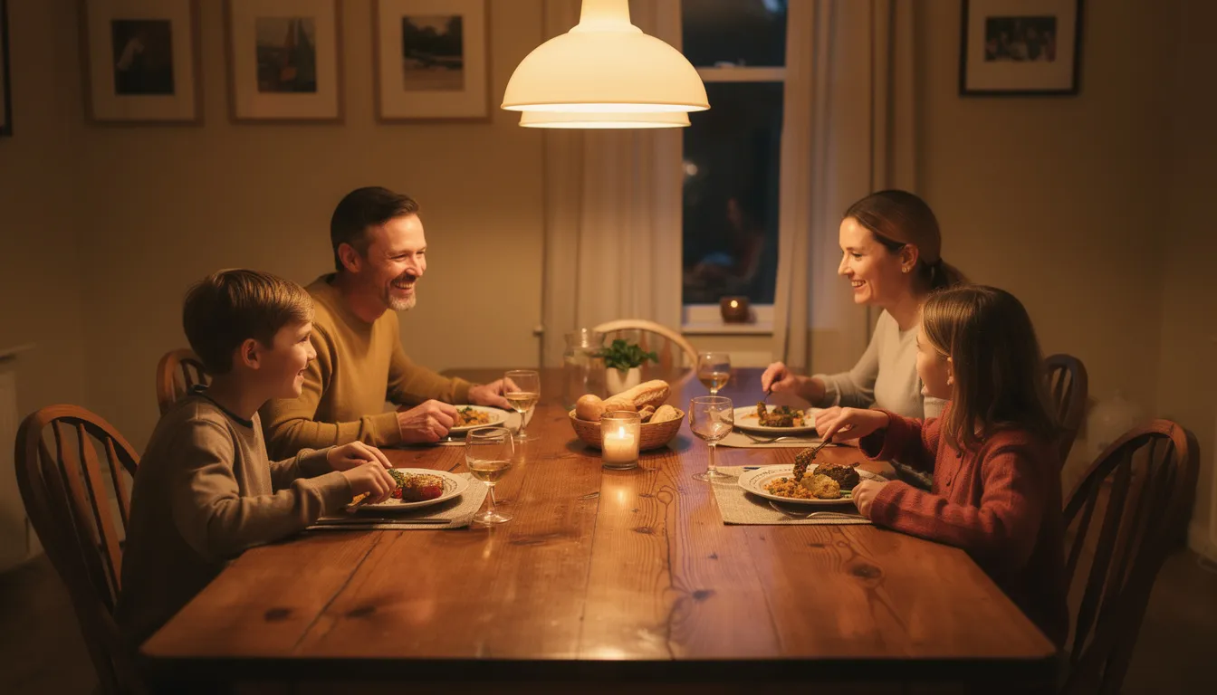 Een warm verlichte eetkamer met een grote landelijke uitschuifbare eettafel van eikenhout, waar een gezin gezellig samen aan het eten is. De tafel straalt een klassieke landelijke uitstraling uit en biedt ruimte voor vrienden en familie, perfect voor het dagelijkse leven.