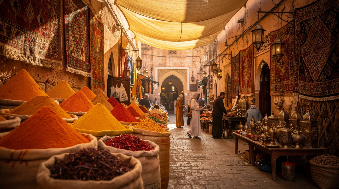 The image depicts a vibrant Moroccan market souk bustling with spice stalls and colorful textiles, showcasing the rich culture of Morocco. Visitors can explore various shops filled with spices, fabrics, and traditional goods, while also considering the local currency, the Moroccan dirham, for their purchases.