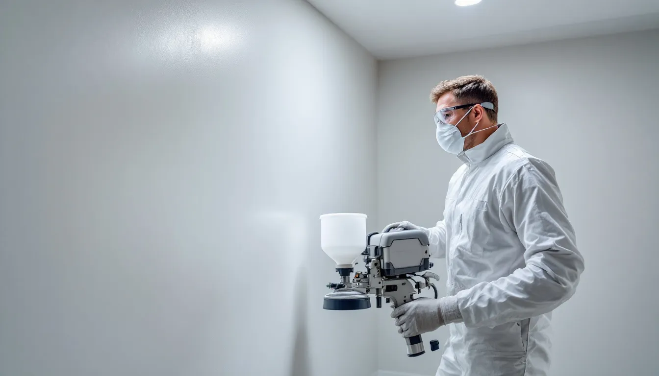 Un peintre professionnel applique de la peinture avec un pistolet airless sur un mur intérieur, mettant en avant son savoir-faire dans la rénovation et la décoration des espaces. L'image illustre le travail minutieux d'un artisan à Nantes, soulignant l'importance de la qualité et des finitions dans les travaux de peinture.