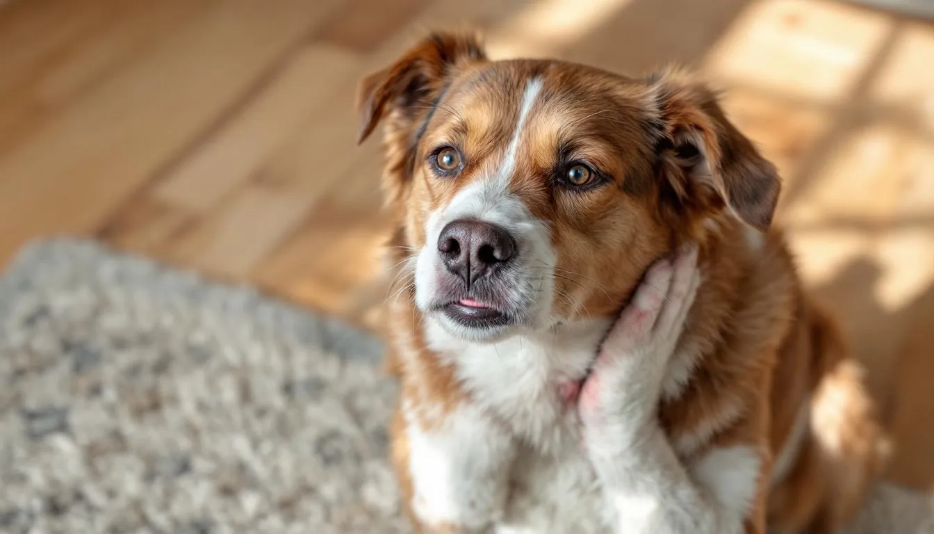A dog is shown scratching intensely at its neck and ears, displaying signs of discomfort likely due to a yeast infection in dogs. The dog