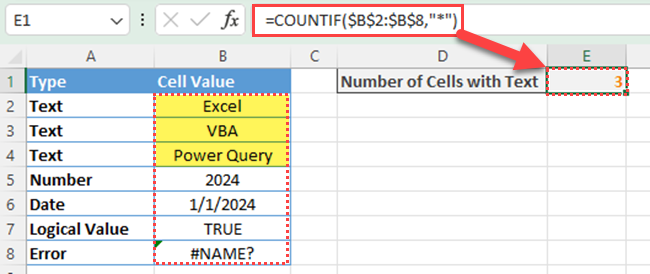 Use COUNTIF to count text cells