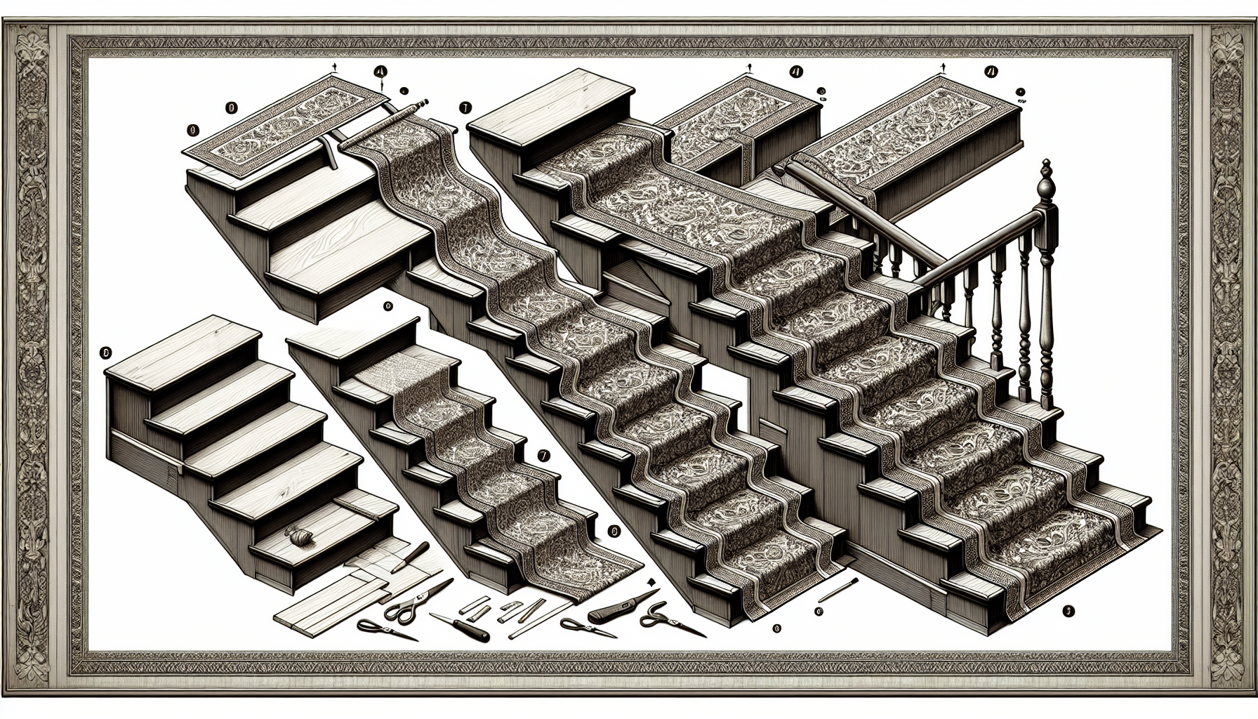 Illustration of the installation process of a stair runner