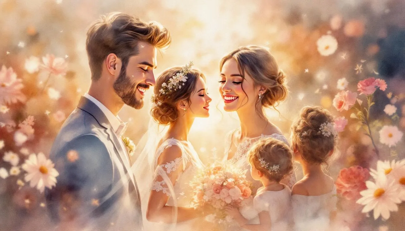 Portraits and group photos featuring the wedding party and family members.