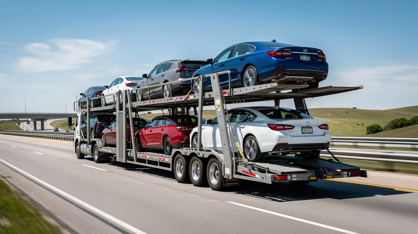 An open car carrier truck is driving on an interstate highway, loaded with multiple vehicles, showcasing a variety of cars being transported. This image illustrates the common method of open auto transport, highlighting the efficiency of vehicle shipping services on the road.