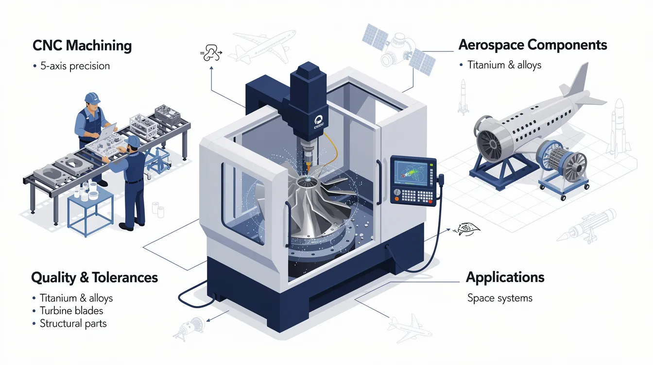 The image provides an overview of CNC machining in the aerospace industry, showcasing advanced CNC machining equipment used to manufacture complex aerospace components like turbine blades and engine parts. It highlights the precision machining processes that ensure tight tolerances and structural integrity essential for aerospace applications.