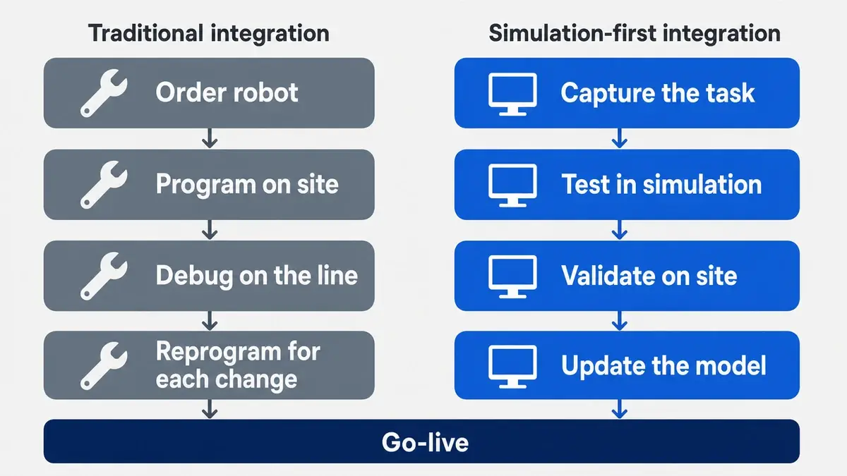 Two paths compared side by side: traditional robot integration versus simulation-first integration