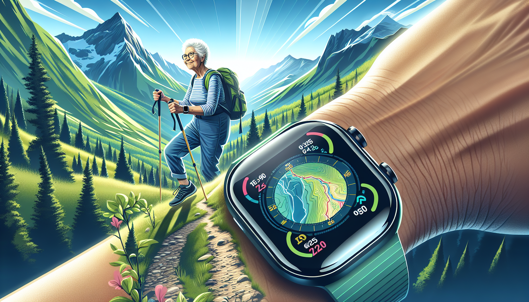 Illustration of a senior using the Apple Watch Ultra 2's outdoor functionality for GPS navigation