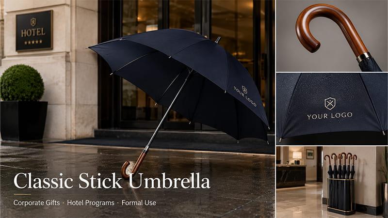 Classic stick umbrella with custom logo for hotels, corporate gifts, and formal service programs