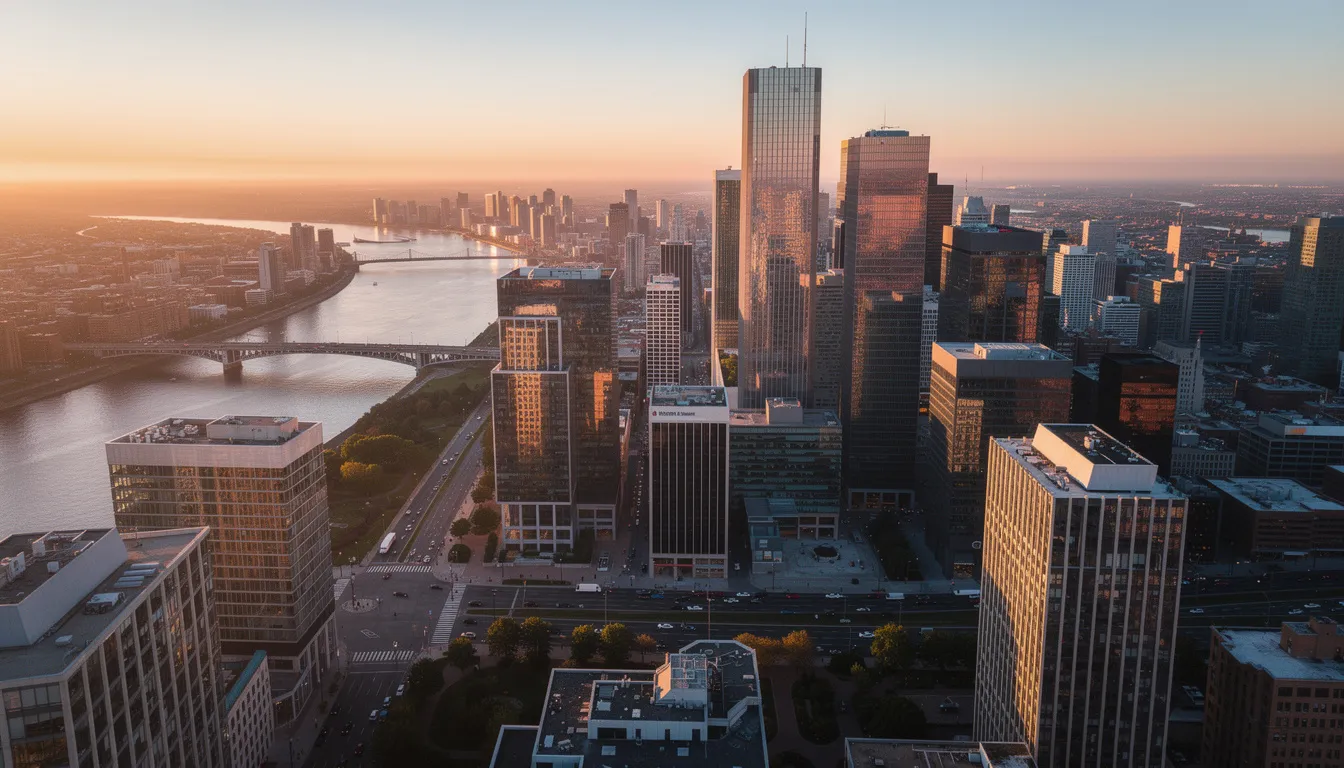 An aerial drone shot captures a stunning view of a modern city skyline bathed in golden hour light, showcasing the vibrant urban landscape that reflects the brand's identity. This high-quality visual serves as an effective marketing tool, highlighting the emotional connection and compelling story behind the brand launch video.