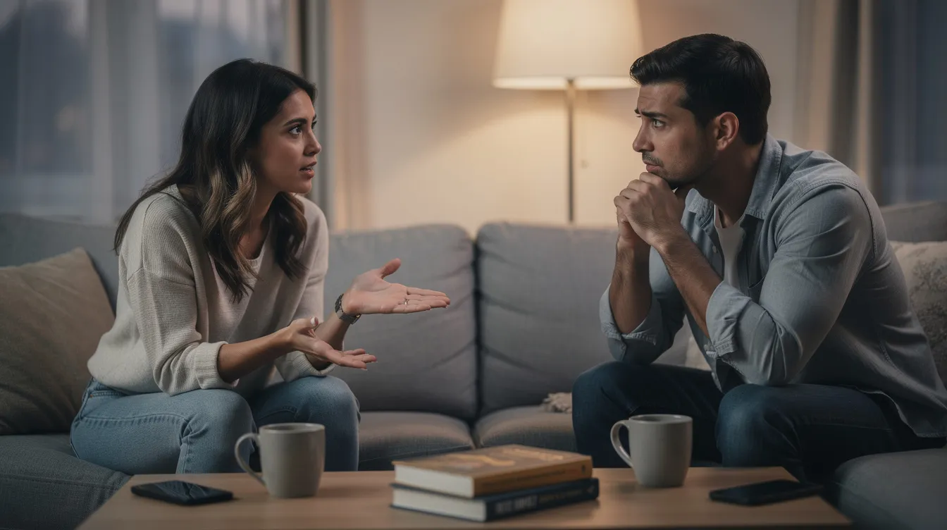 A couple is engaged in a thoughtful conversation about setting healthy boundaries in their relationship, emphasizing the importance of personal space and self-respect for their mental health and well-being. They are reflecting on their own needs and how to communicate them effectively to support each other's personal growth.