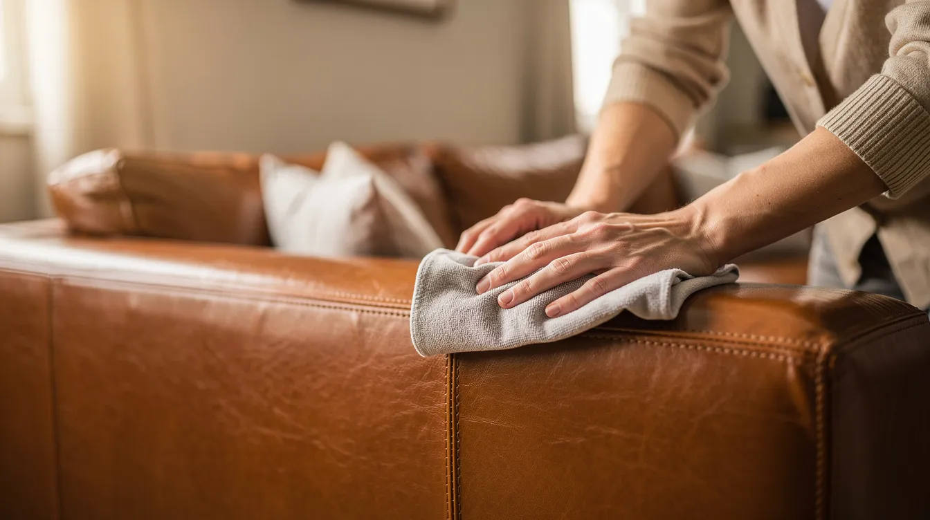 En person varsamt vårdar en cognacsfärgad lädersoffa med en mjuk trasa, vilket ger en känsla av lyx och omtanke i vardagsrummet. Soffan, som är en 3 sits modell, bidrar till en elegant design och komfort i hemmet.