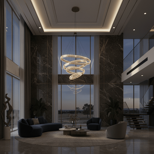 Modern cascading halo chandelier with layered illuminated rings, a striking option for high ceiling chandelier ideas.