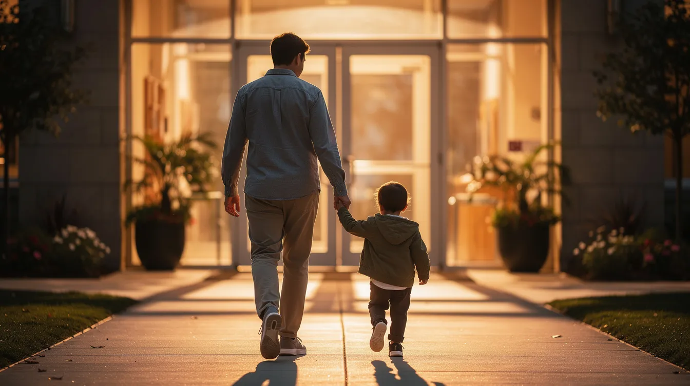 A parent and child are walking hand in hand towards a welcoming building entrance, embodying a warm and supportive atmosphere that fosters social interaction skills and communication. This scene reflects the nurturing environment essential for children, including those with autism spectrum disorder or other learning difficulties, to thrive in their early years.