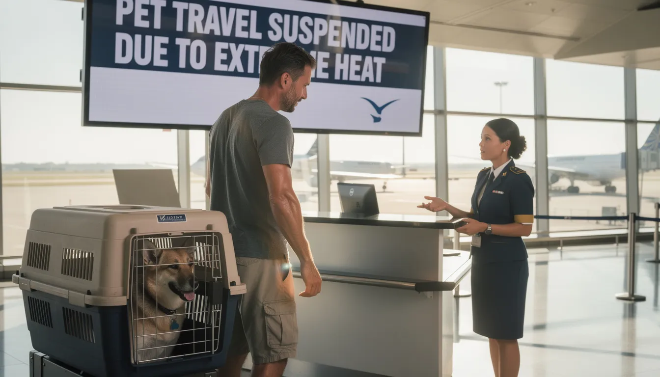 The image depicts a summer travel scenario for pet owners, highlighting the importance of understanding summer pet travel restrictions. It shows various pets, including dogs and cats, in airline-approved carriers, emphasizing the need for health certificates and the safety of pets flying during extreme temperatures.