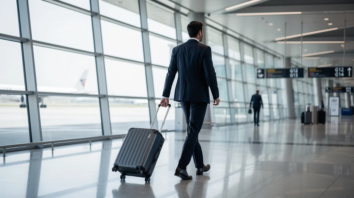 A business traveler is seen walking through a bustling airport terminal, pulling a carry-on suitcase behind them. The scene captures the essence of travel, with various shops and signs in the background, highlighting the importance of efficient banking services like those offered by HSBC and Barclays for managing expenses during trips.