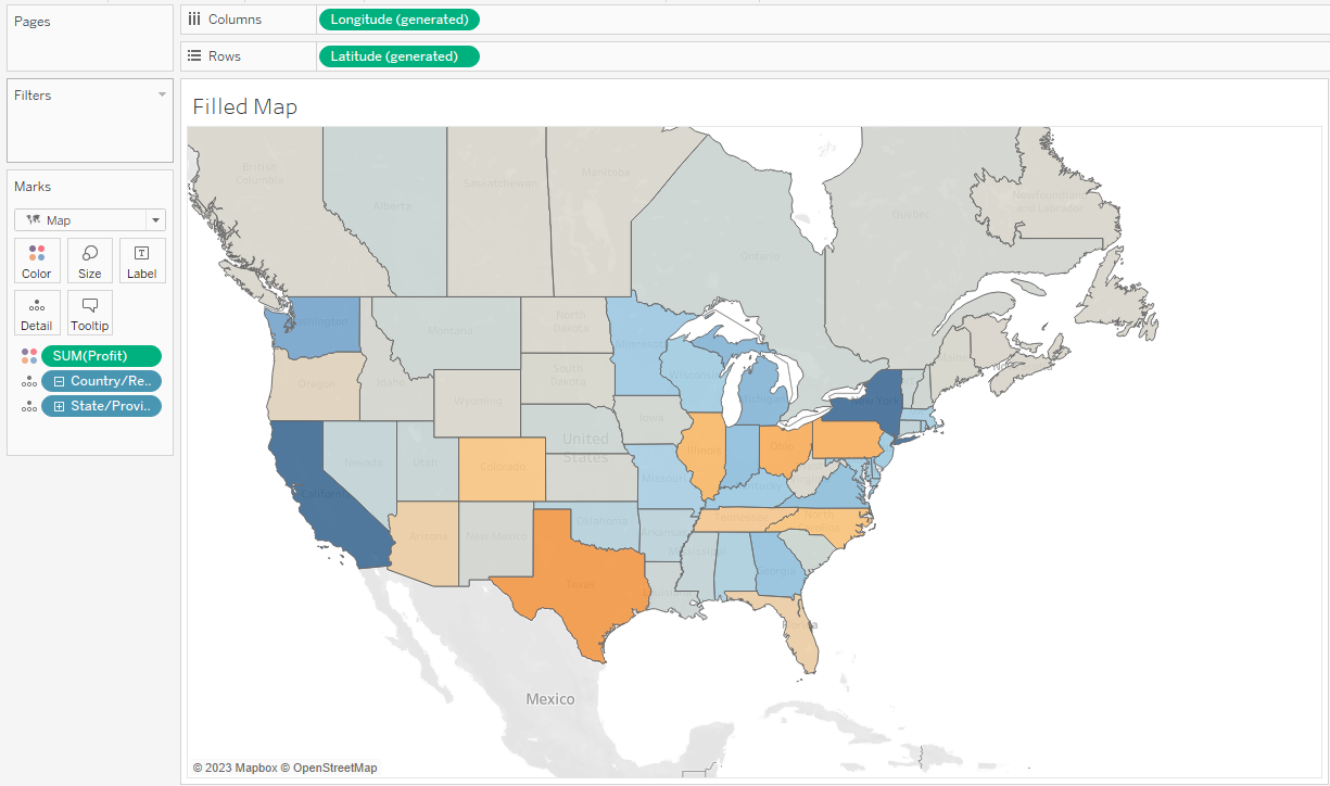 Example of filled map with sample superstore data source