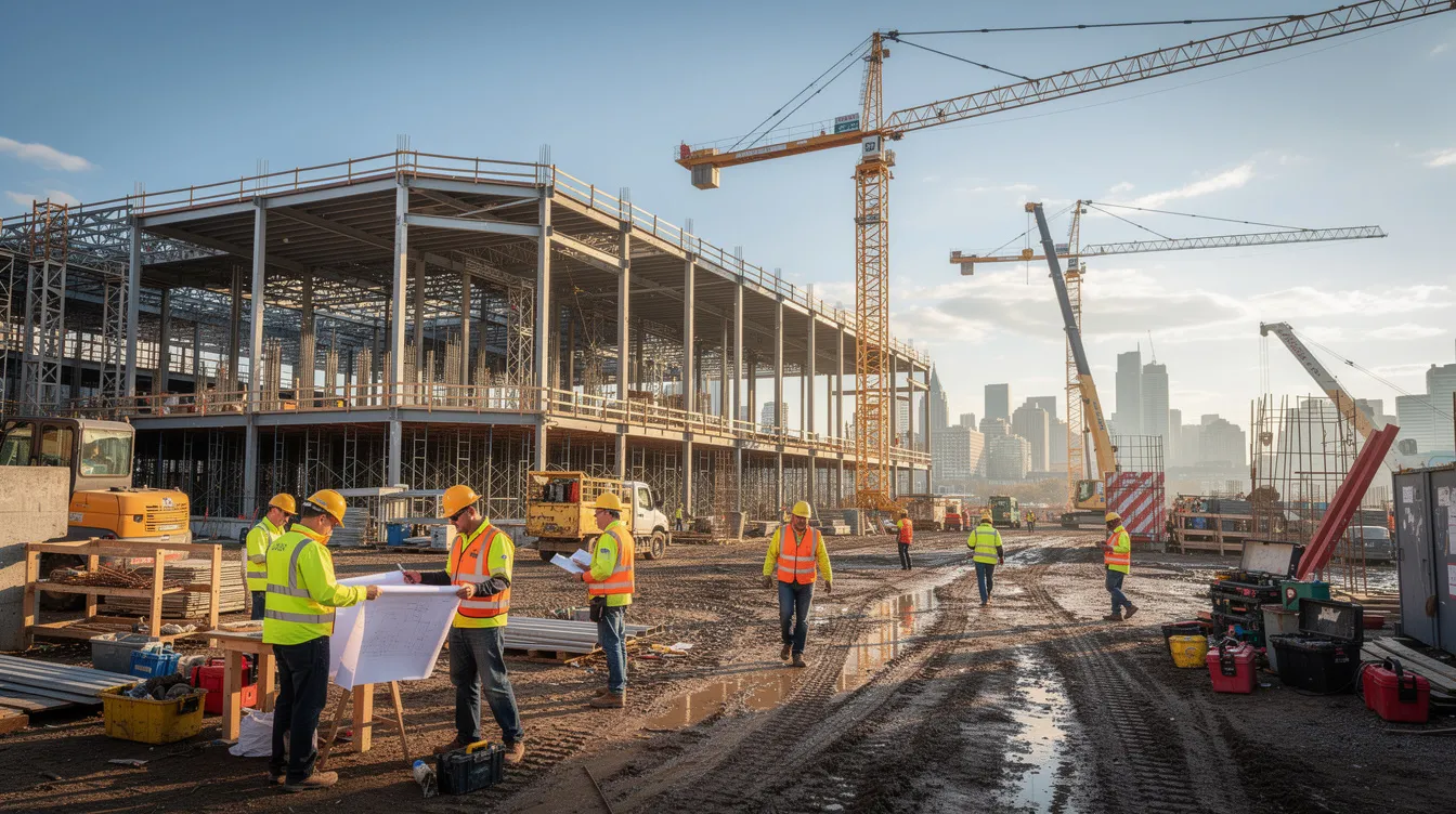 The image depicts construction workers actively engaged on a large commercial building site, surrounded by towering steel beams and cranes, indicative of complex construction projects. This bustling scene reflects the critical nature of project management in the construction industry, highlighting the importance of accurate estimates and effective resource management for successful project outcomes.