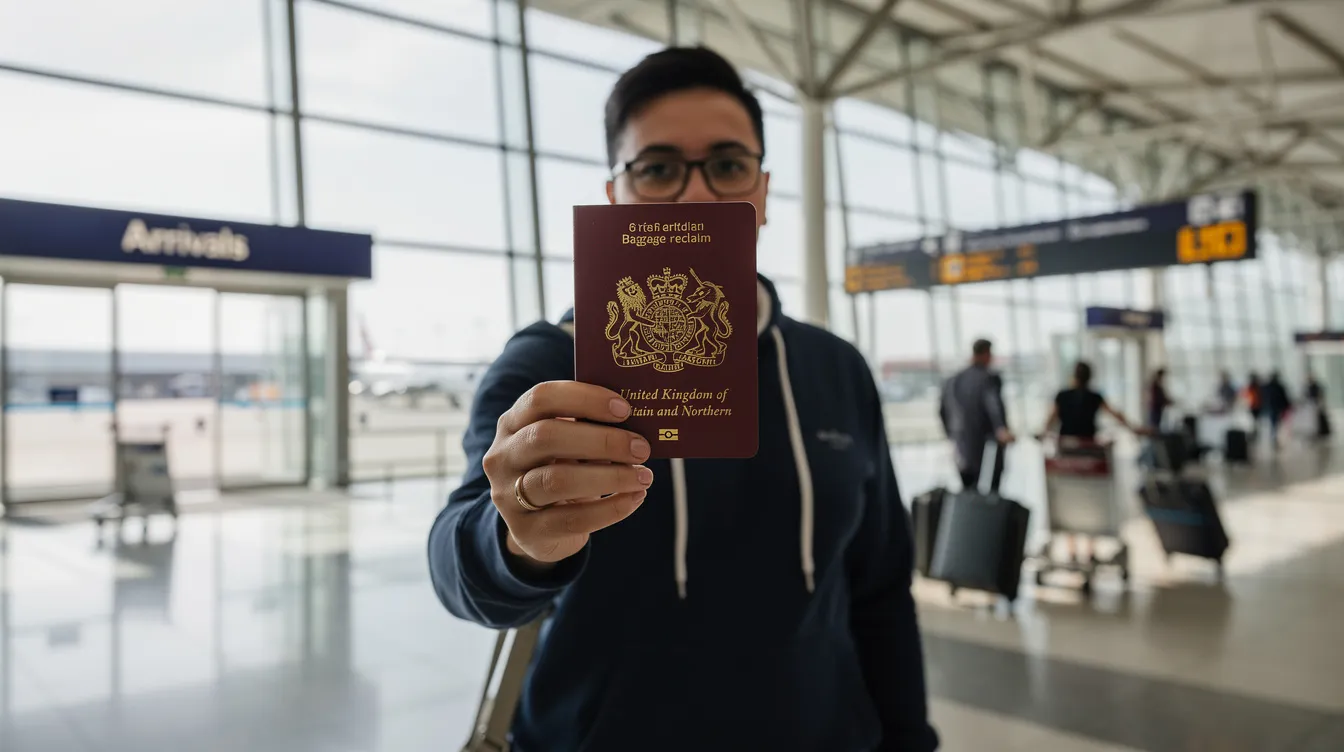 A person is holding a UK passport while standing in an airport arrivals hall, symbolizing their immigration status and entry into the United Kingdom. The scene captures the moment of arrival, often associated with processes like UK visas and immigration.