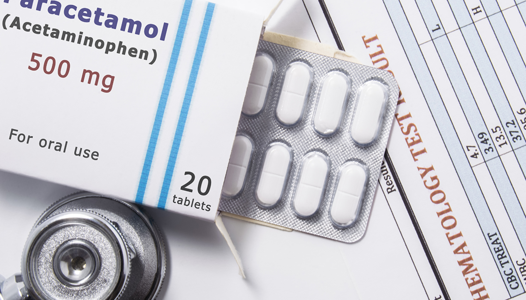En pakke med paracetamol 500 mg tabletter, en blisterpakning, stetoskop og laboratorietestskjema ligger på et hvitt underlag.
