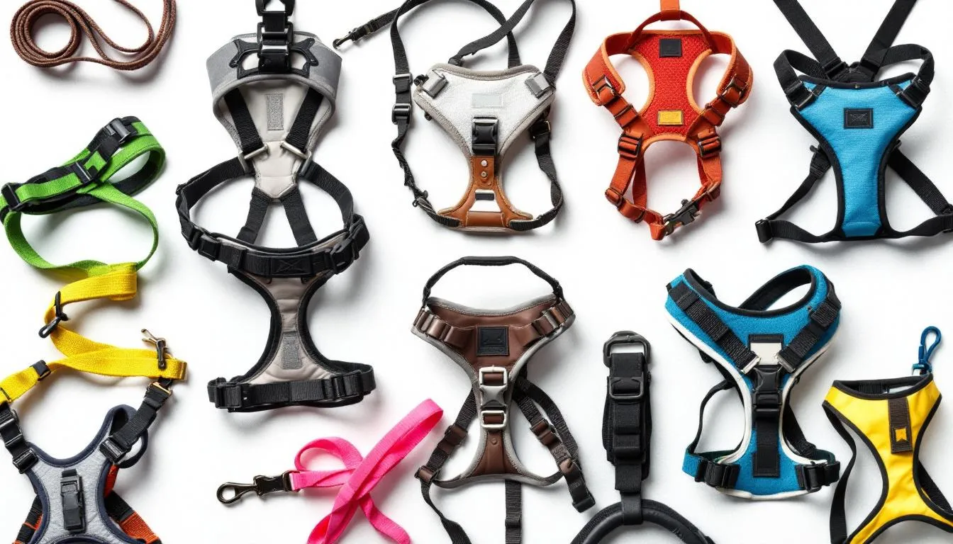 The image displays a variety of harnesses in different sizes and styles, arranged to highlight the importance of selecting the right harness for a dog