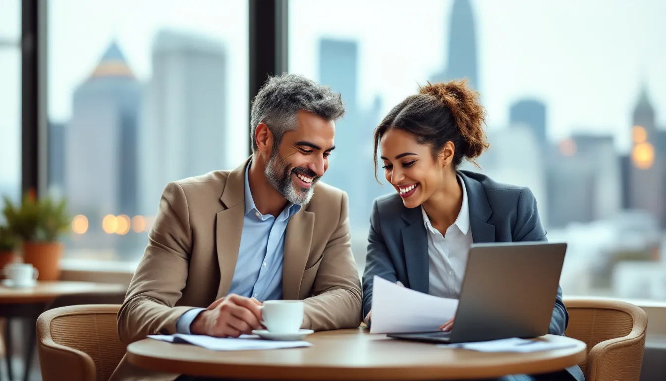 In this bright and modern café scene, a smiling expatriate couple in their mid-40s is engaged in reviewing a financial plan on their laptops while enjoying coffee. The blurred city skyline in the background symbolizes their new life abroad, reflecting the theme of "International Cost of Living" and the importance of planning for healthcare and expenses in a foreign country.