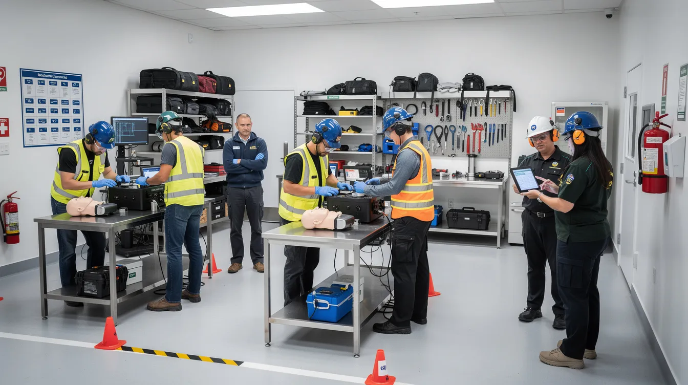 A group of professionals is engaged in a training simulation lab, practicing hands-on skills while wearing safety equipment. This environment supports adult learning principles and aims to achieve intended learning outcomes through effective instructional design and training materials.
