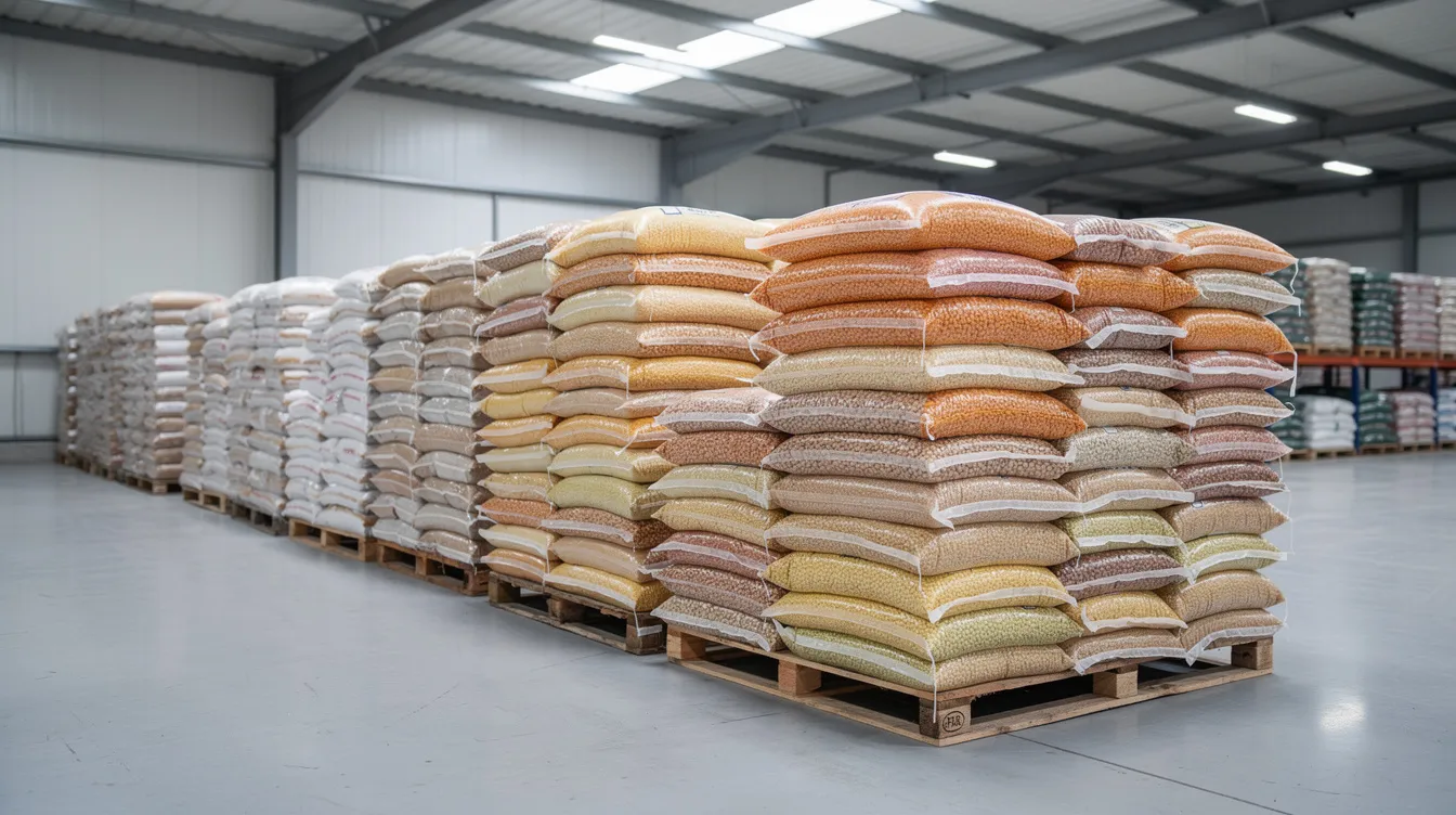 a33b6a1b ad48 4cfd a7d7 69c0ba9d88f8 The image shows neatly stacked bags of various sizes filled with pulses, including moong dal, chana dal, and urad dal, in a clean industrial warehouse, highlighting the organized environment of the dal milling industry. This setting reflects the food processing industry's commitment to quality and efficiency in meeting the growing demand for processed dals essential in Indian cuisine.