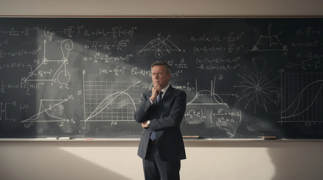 Ein nachdenklicher Mann in einem Anzug steht vor einer großen Tafel, die mit handgeschriebenen physikalischen Gleichungen und Diagrammen gefüllt ist, die auf die komplexe Arbeit von Wissenschaftlern im Manhattan-Projekt hinweisen. Diese Szene könnte aus dem Film "Oppenheimer" von Christopher Nolan stammen, der das Leben des Physikers Robert Oppenheimer und die Entwicklung der Atombombe thematisiert.