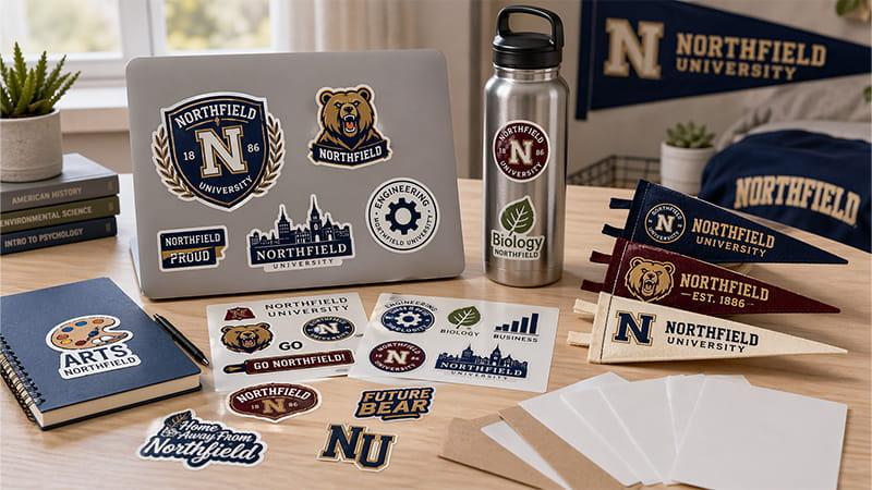 Vinyl stickers, decals, and mini pennants, showcasing school pride on laptops, water bottles, bike helmets, and dorm room doors, perfect for students to express their campus identity.