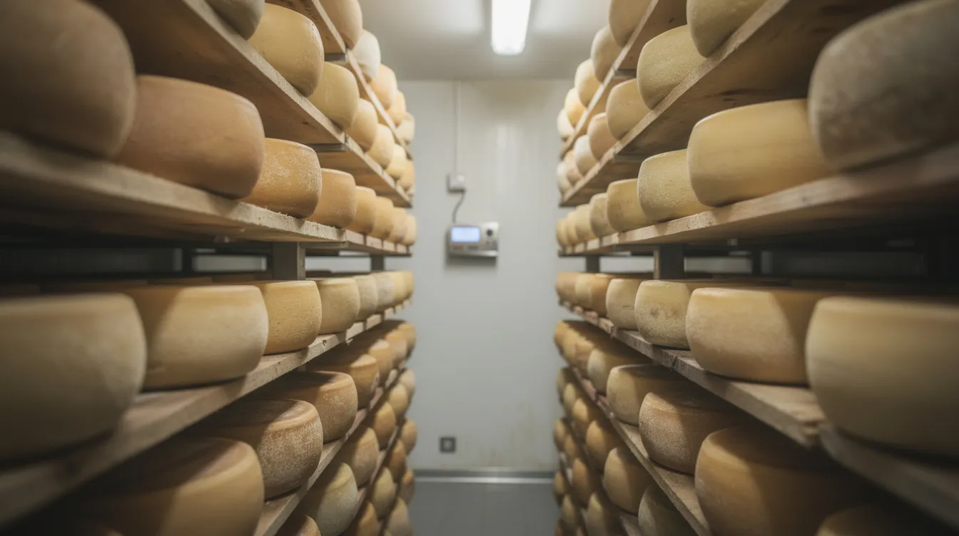 a33c9da6 e172 44c4 ae48 3b4c51ff97f8 The image depicts rows of cheese wheels aging on wooden shelves within a temperature-controlled ripening room, highlighting the meticulous process of cheese manufacturing. This setting is crucial for manufacturers evaluating capacity expansion and ensuring quality control in the cheese industry.
