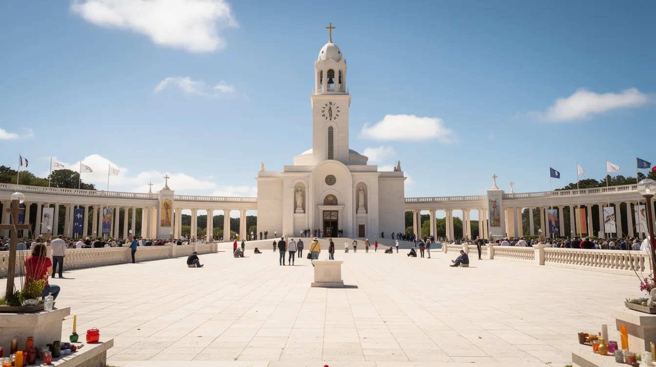 A imagem retrata o Santuário de Fátima, um importante local de peregrinação em Portugal, onde fiéis se reúnem para orar e homenagear Nossa Senhora. O cenário inclui a imponente Basílica da Santíssima Trindade e o famoso Anjo da Paz, cercados por turistas e devotos em um ambiente de espiritualidade e fé.