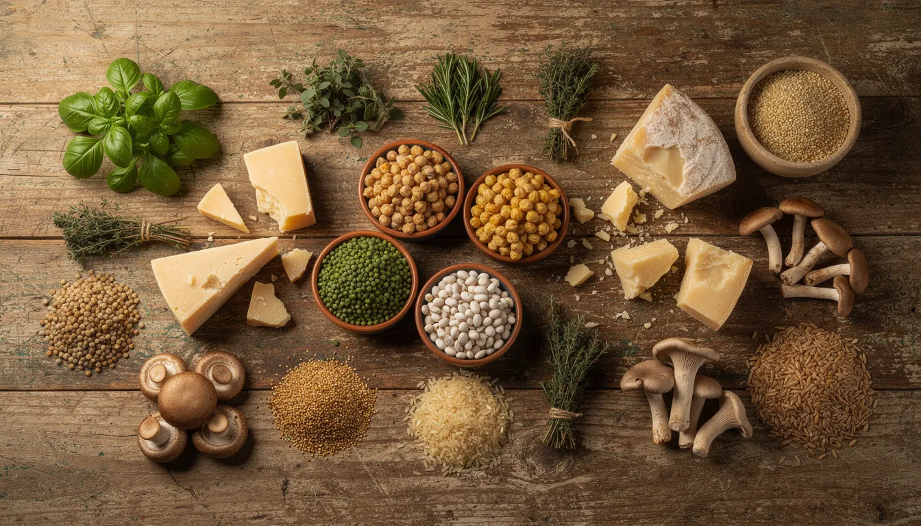 An overhead view showcases a vibrant arrangement of Mediterranean foods, including fresh herbs, legumes, aged cheese, whole grains, and mushrooms, all set on a rustic table. This colorful display emphasizes the importance of a balanced diet for supporting cellular health and reducing oxidative stress, contributing to healthy aging and longevity research.
