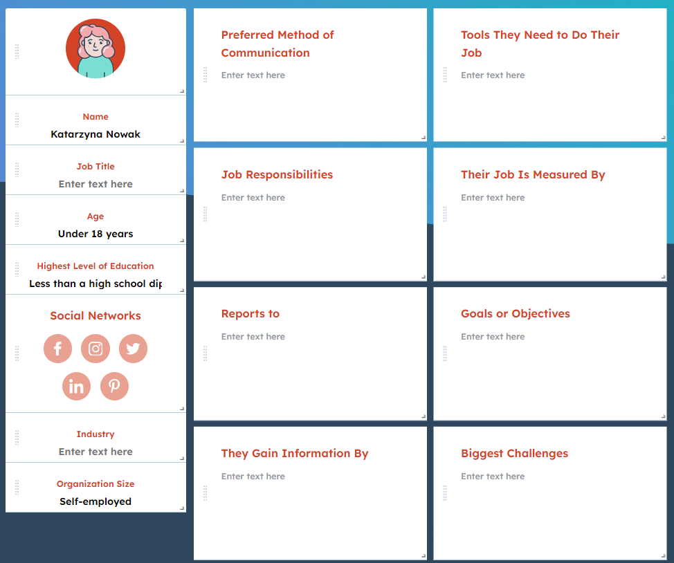 Szablon do przygotowania persony. Źródło: https://www.hubspot.com/make-my-persona 